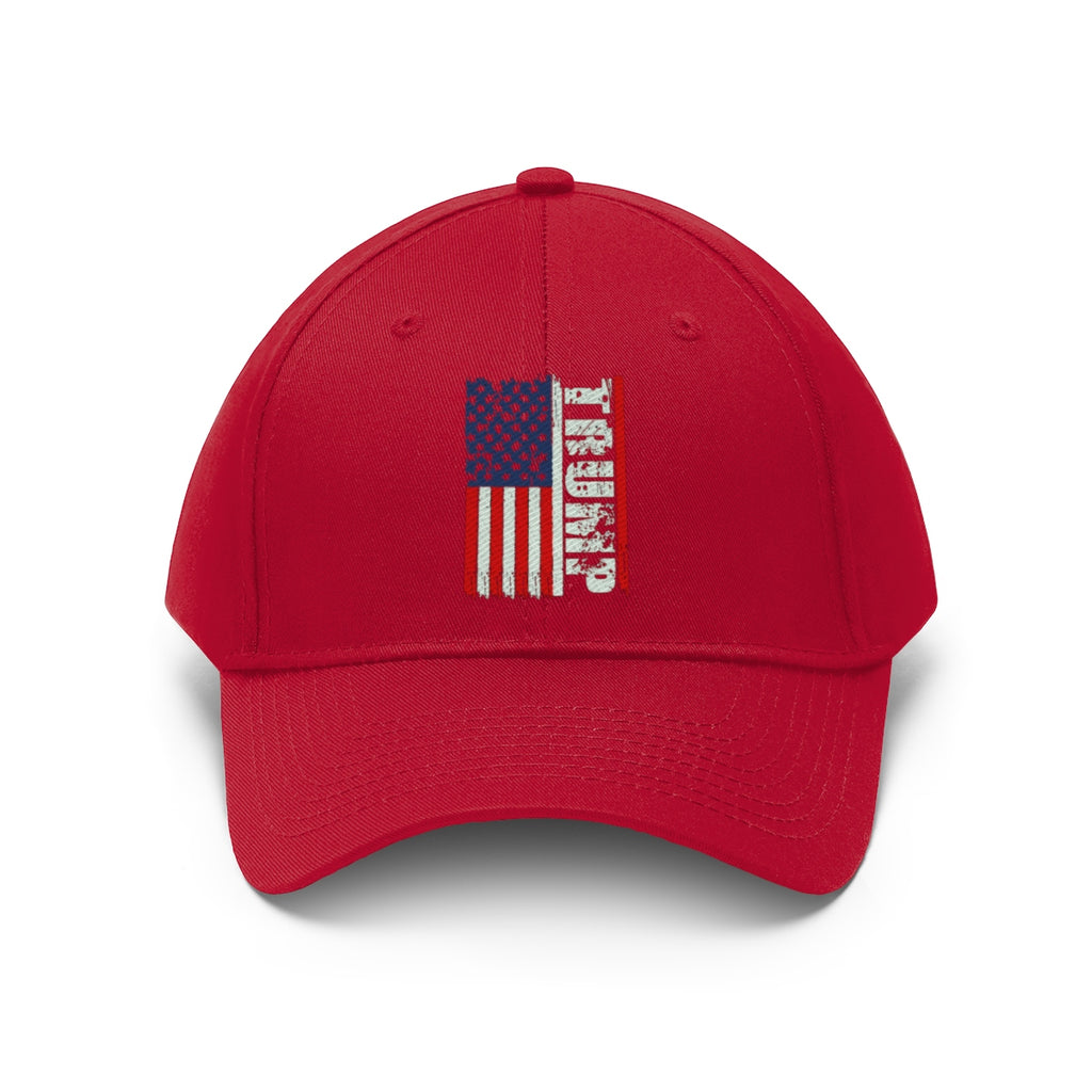 Trump On Verticle Distressed American Flag Twill Cap featuring a bold red design and distressed flag graphic.