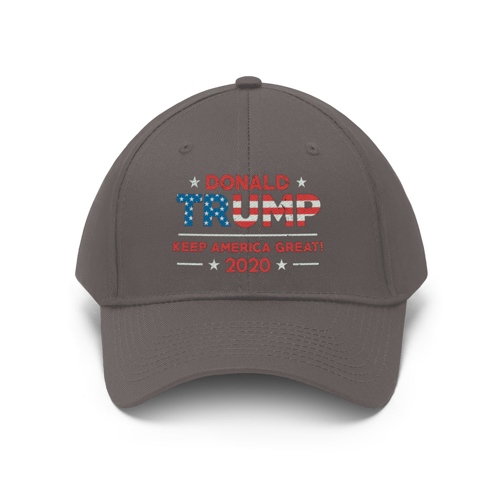 Donald Trump Keep America Great 2020 Twill Cap featuring patriotic design and campaign slogan.