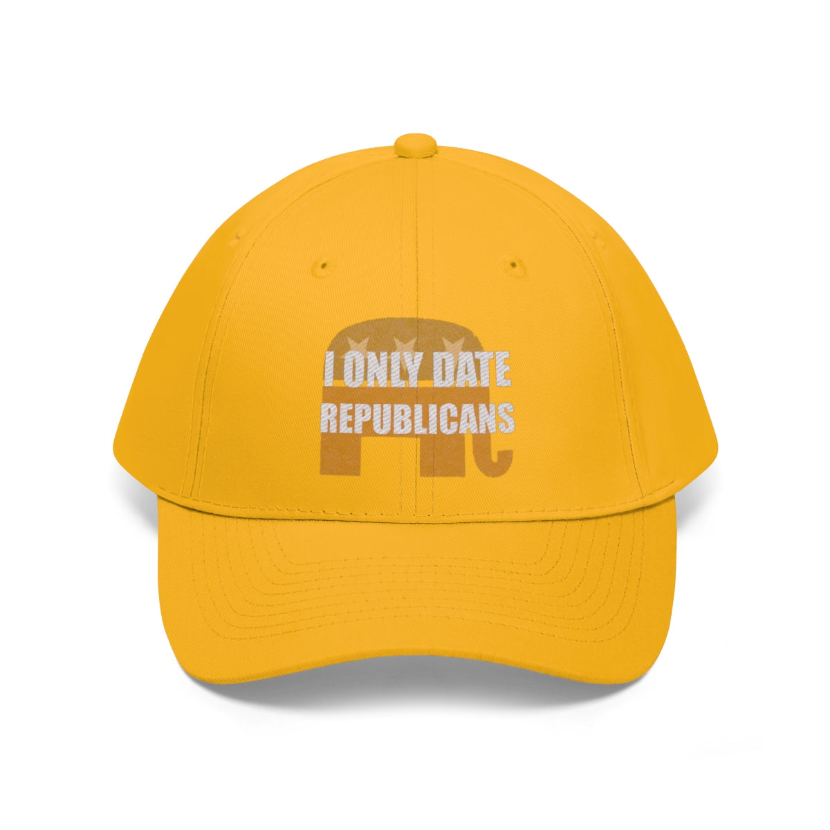 I Only Date Republicans Twill Cap in bright yellow with a bold statement design.