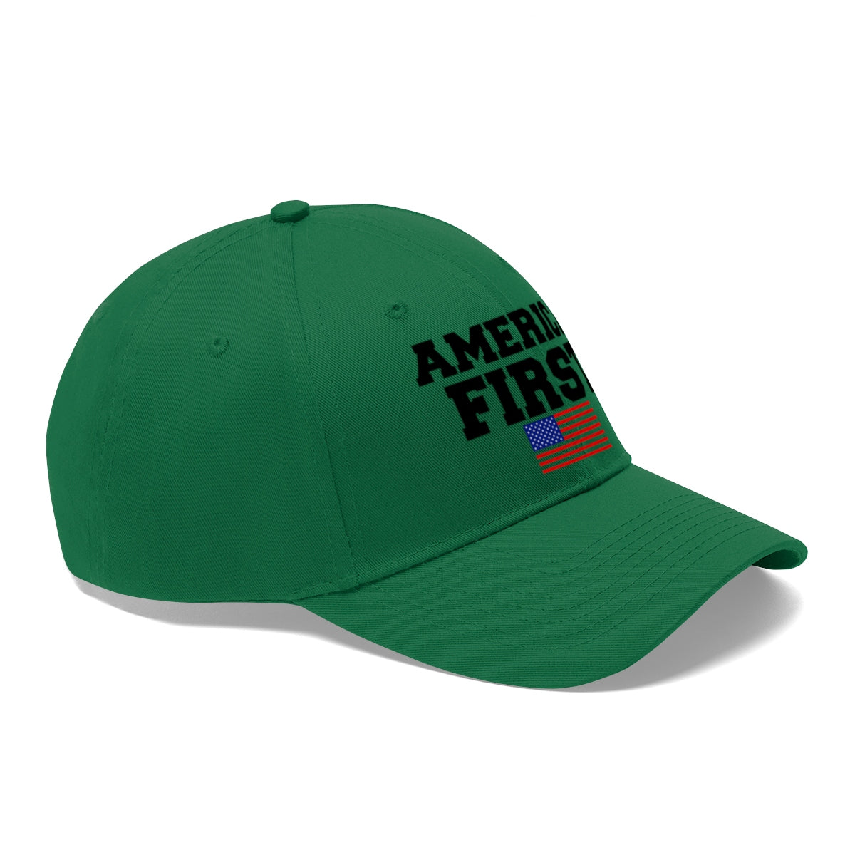 America First Patriotic Twill Cap in green featuring embroidered text and American flag design.