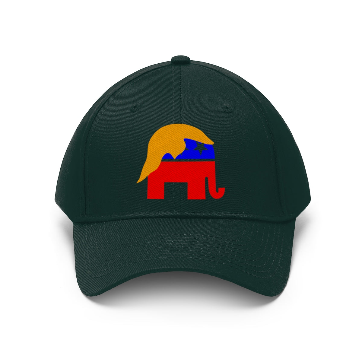 GOP Symbol With Trump Hair Twill Cap featuring an elephant design with a wig, bold colors, perfect for political expression.