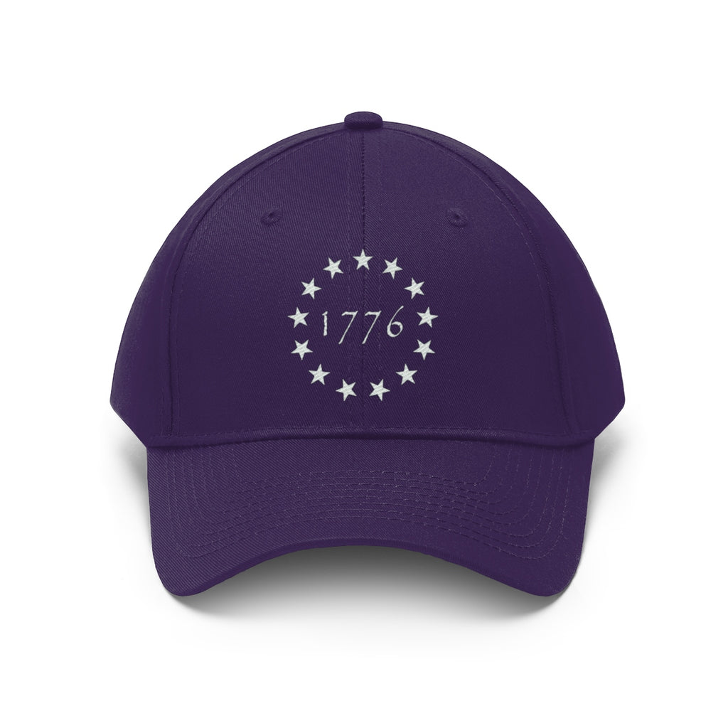Vintage Betsy Ross Stars Cotton Twill Cap featuring stars and 1776 design on a purple background.