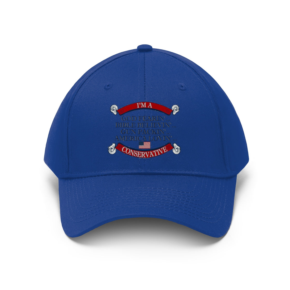 America Lovin' Conservative Twill Cap featuring bold text and a vibrant blue color.
