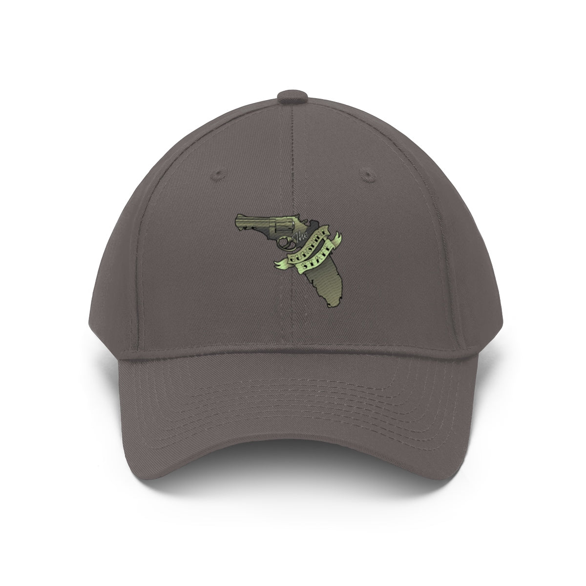 Florida The Gunshine State Twill Cap featuring a gun and state outline in olive green on a gray cap.