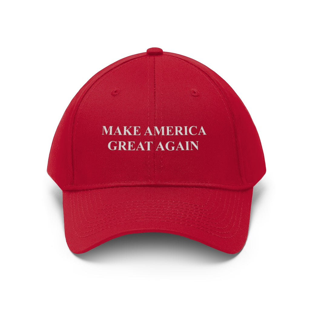 Make America Great Again Twill Cap red baseball hat with embroidered slogan.