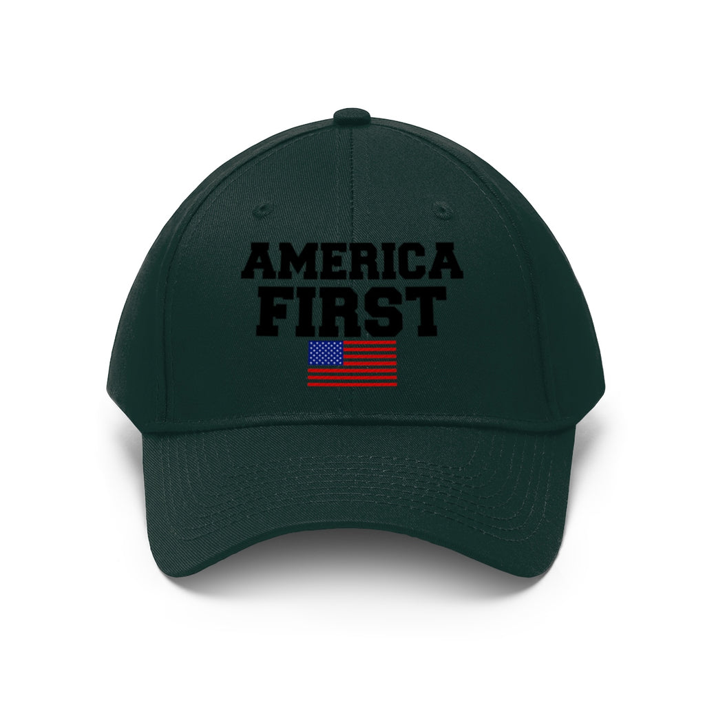 America First Patriotic Twill Cap featuring bold text and an American flag emblem.
