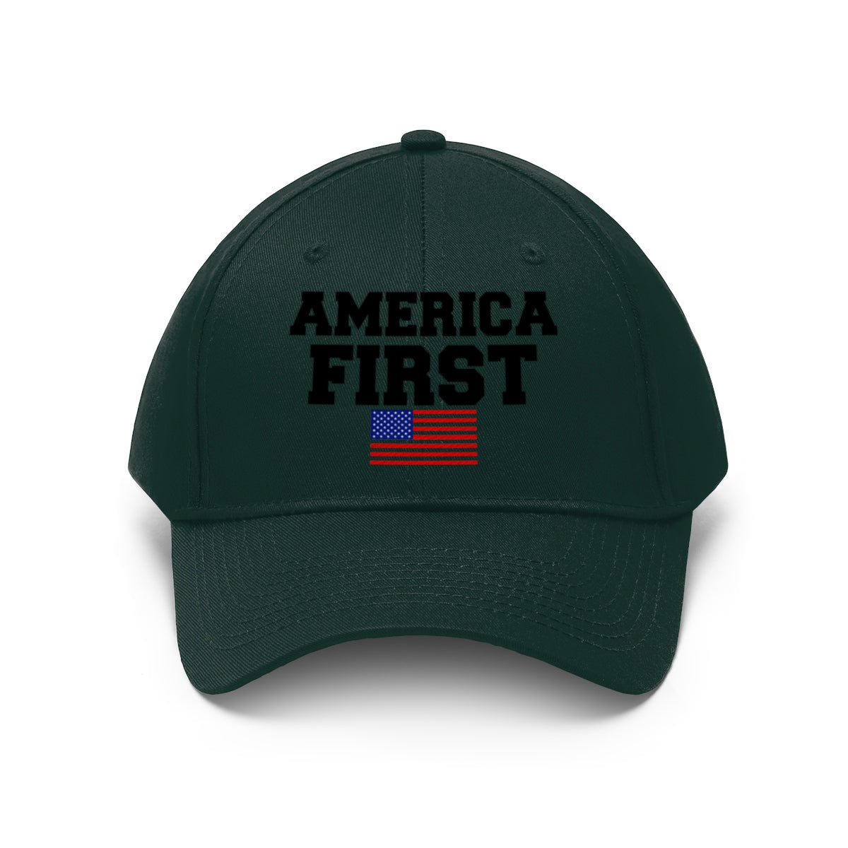 America First Patriotic Twill Cap featuring bold text and an American flag emblem.