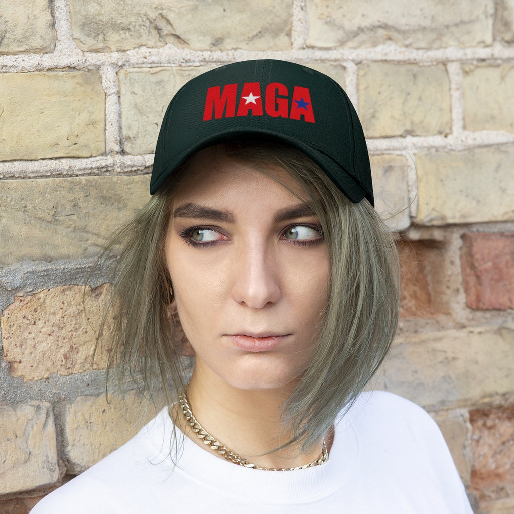 Embroidered MAGA Cotton Twill Cap Design worn by a model in front of a brick wall background.