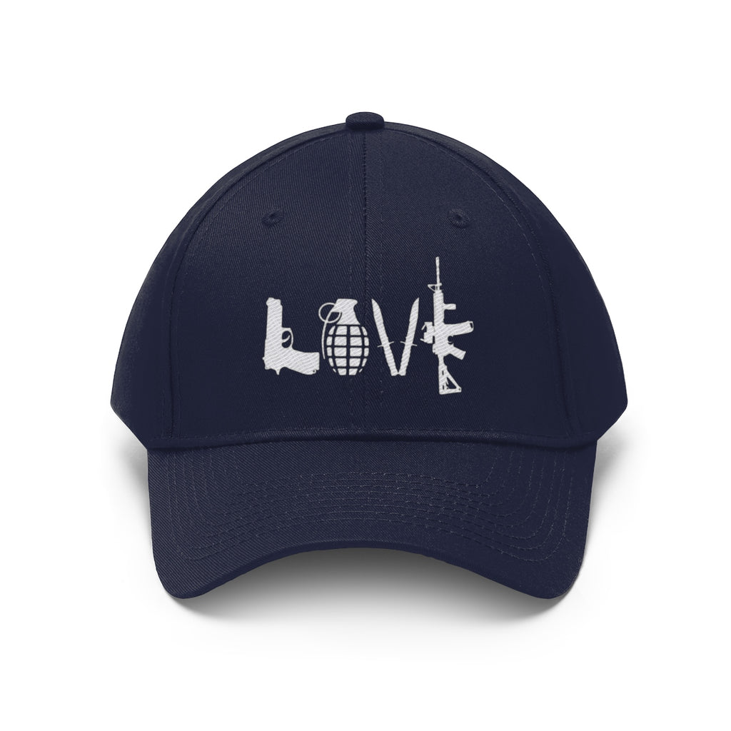 Love Combat Inspired Street Style Twill Cap featuring bold graphic design with weapons and a grenade.