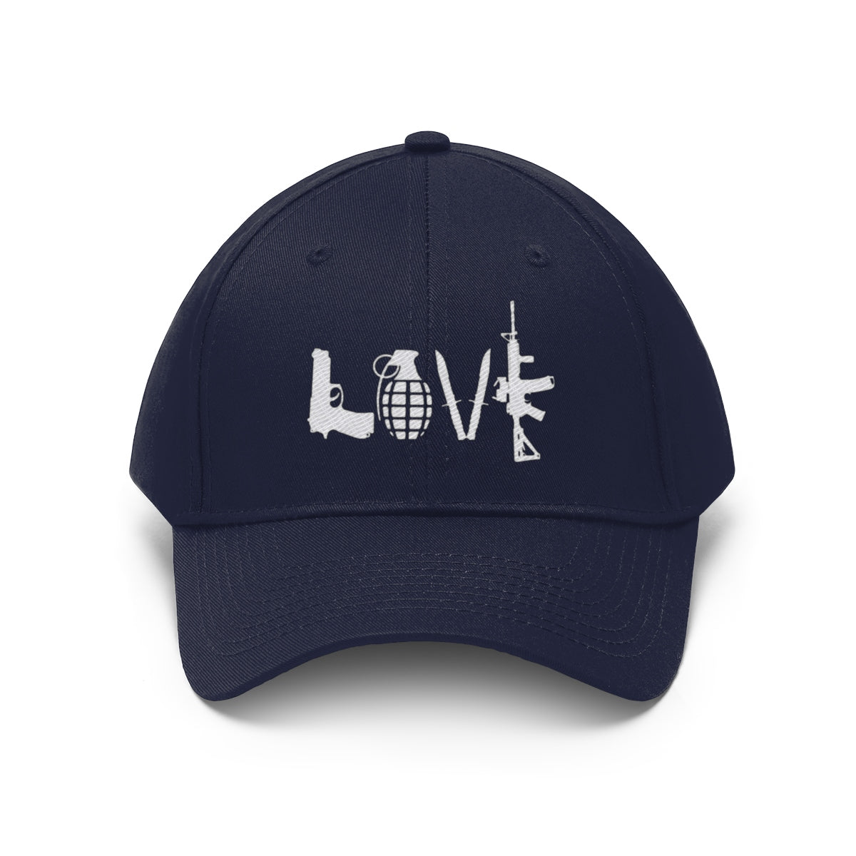 Love Combat Inspired Street Style Twill Cap featuring bold graphic design with weapons and a grenade.