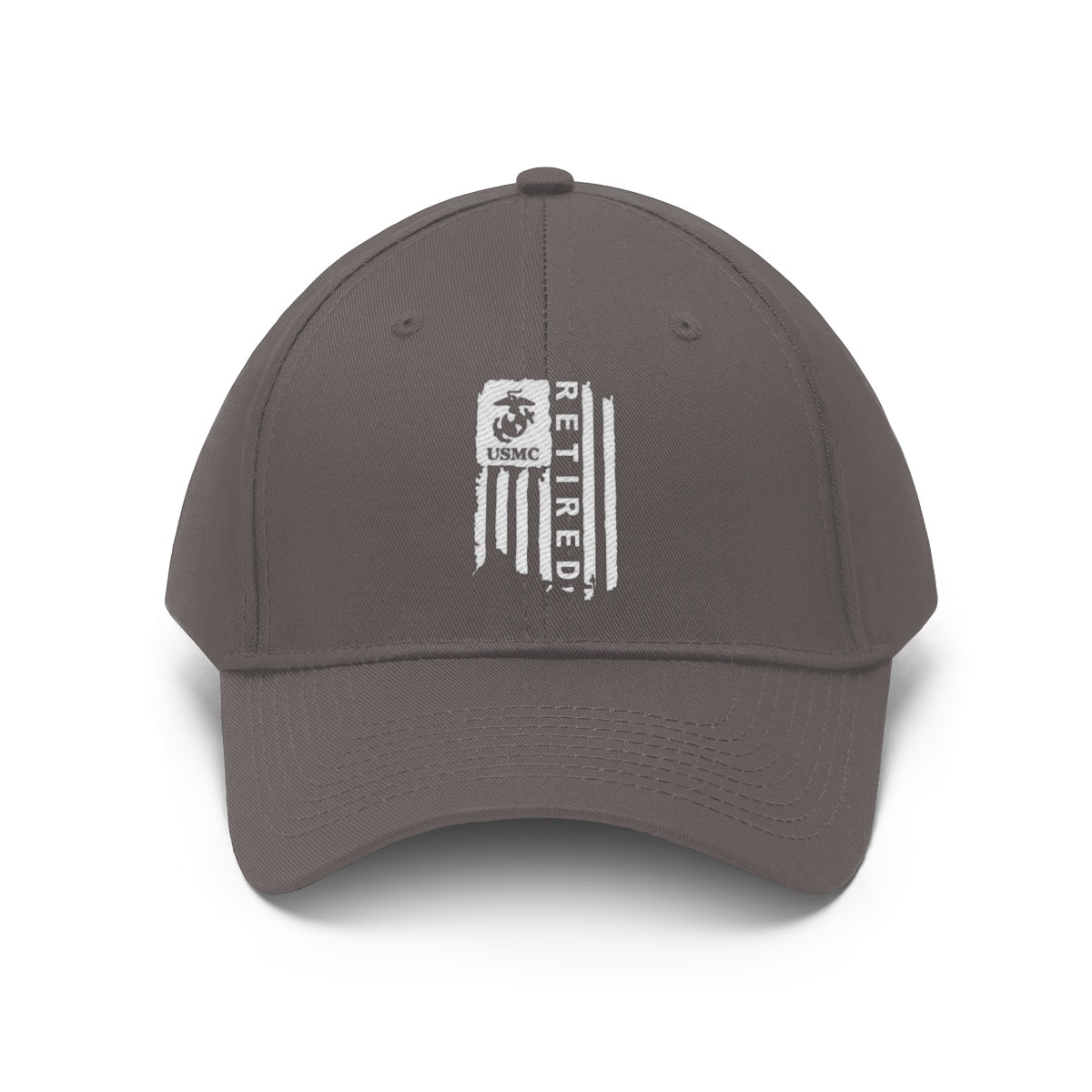 USMC Retired On Distressed American Flag Twill Cap featuring the USMC logo and distressed American flag design.