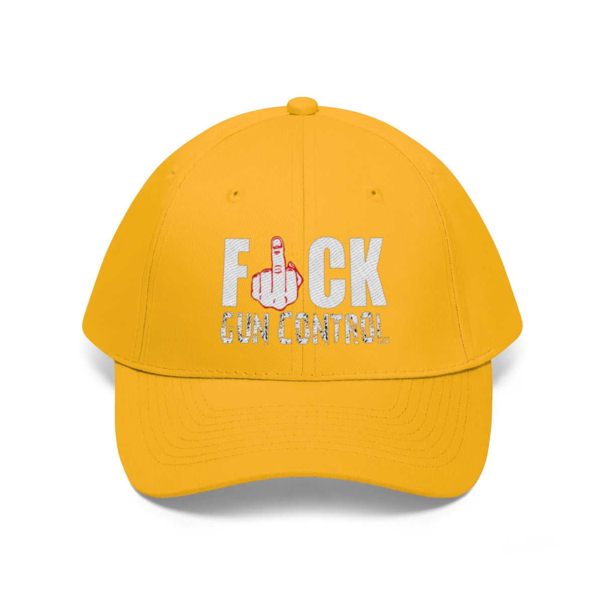 Fuck Gun Control Red Finger Twill Baseball Cap in yellow with a bold graphic design.