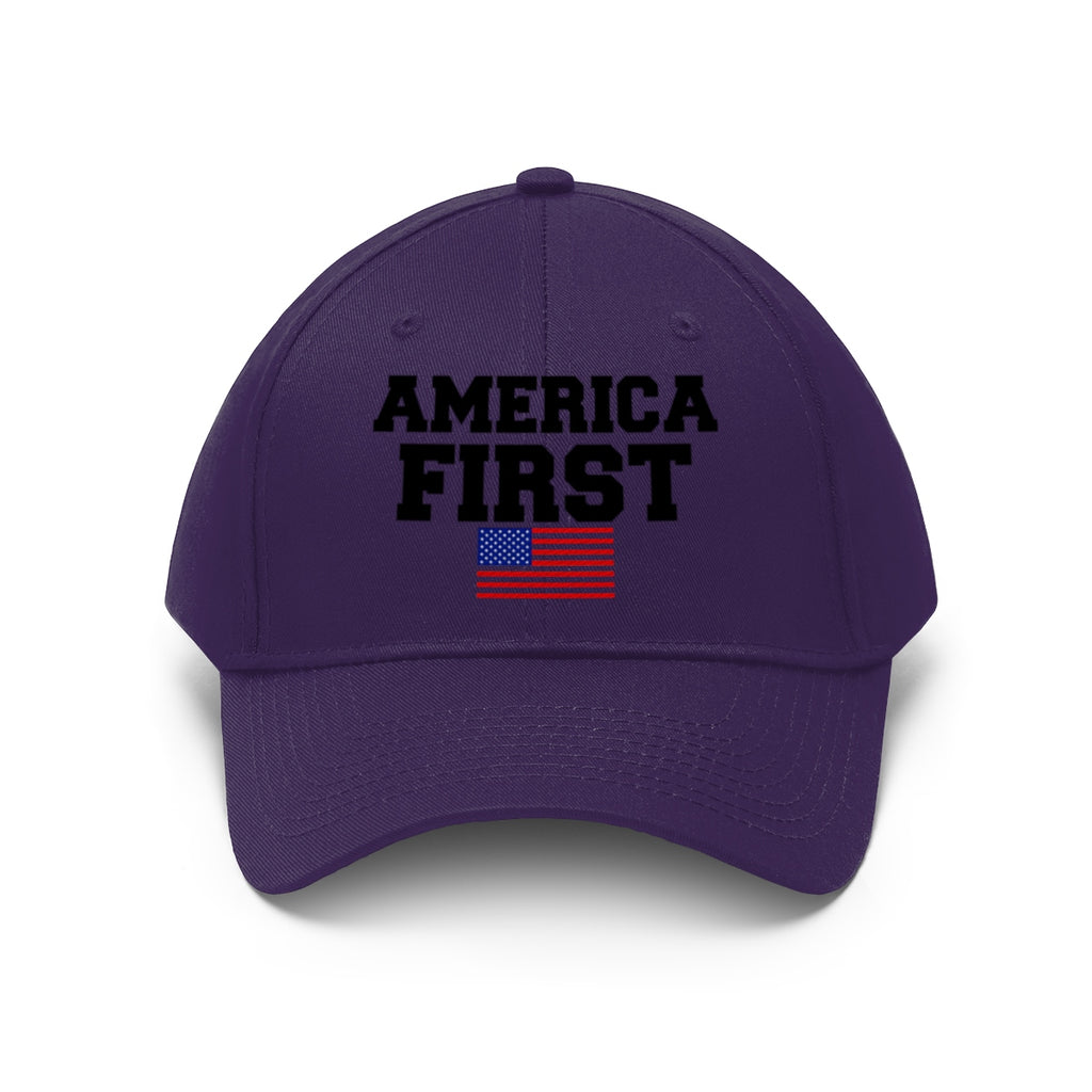 America First Patriotic Twill Cap featuring bold text and an American flag design.