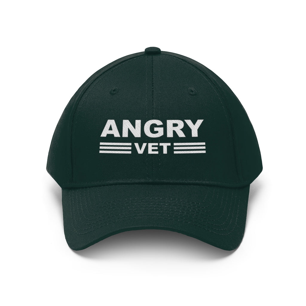Angry Vet Twill Cap Veteran Pride Graphic Hat displayed from the front, showcasing bold lettering on a dark background.