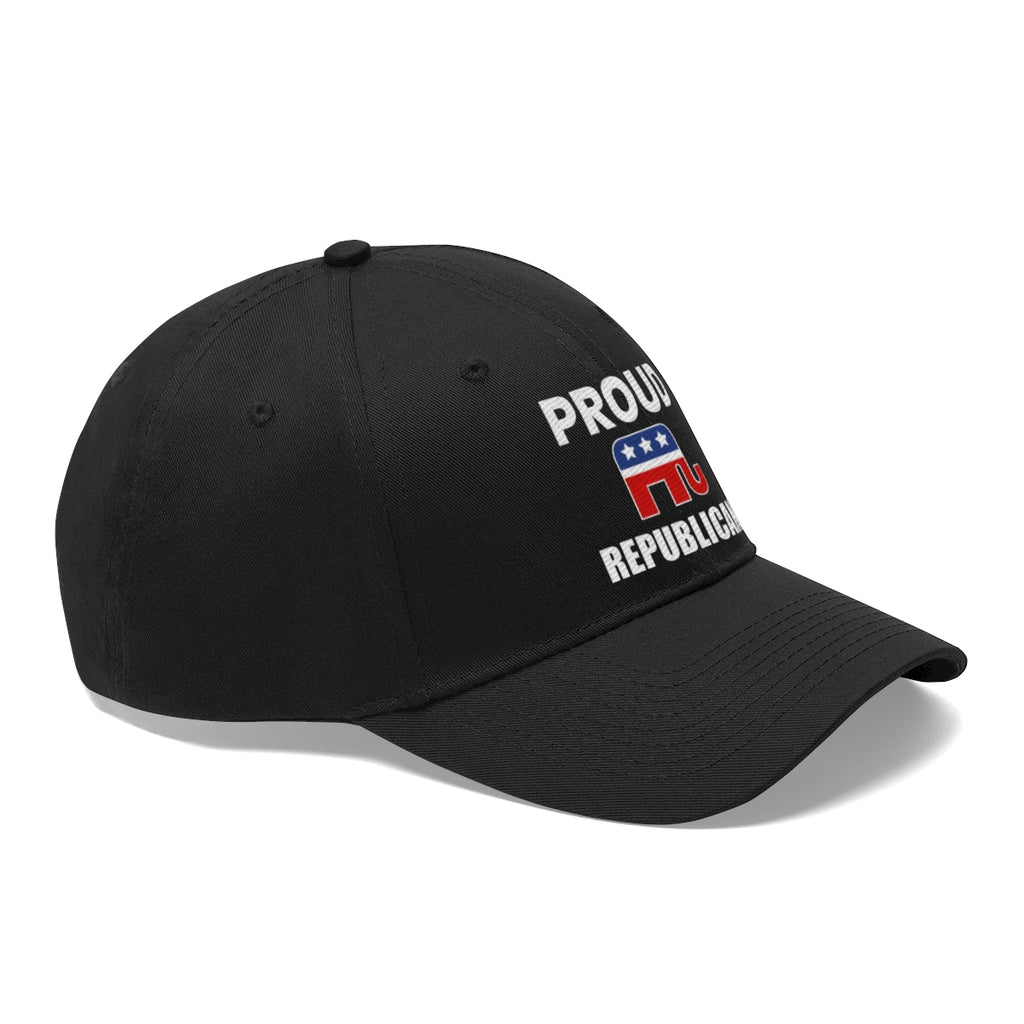 Classic Proud Republican Twill Baseball Cap featuring a black fabric with prominent text and graphics.