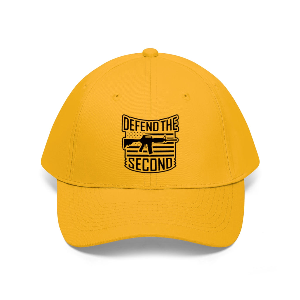 Defend the Second Patriotic Twill Cap in bright yellow with a bold design celebrating Second Amendment rights.