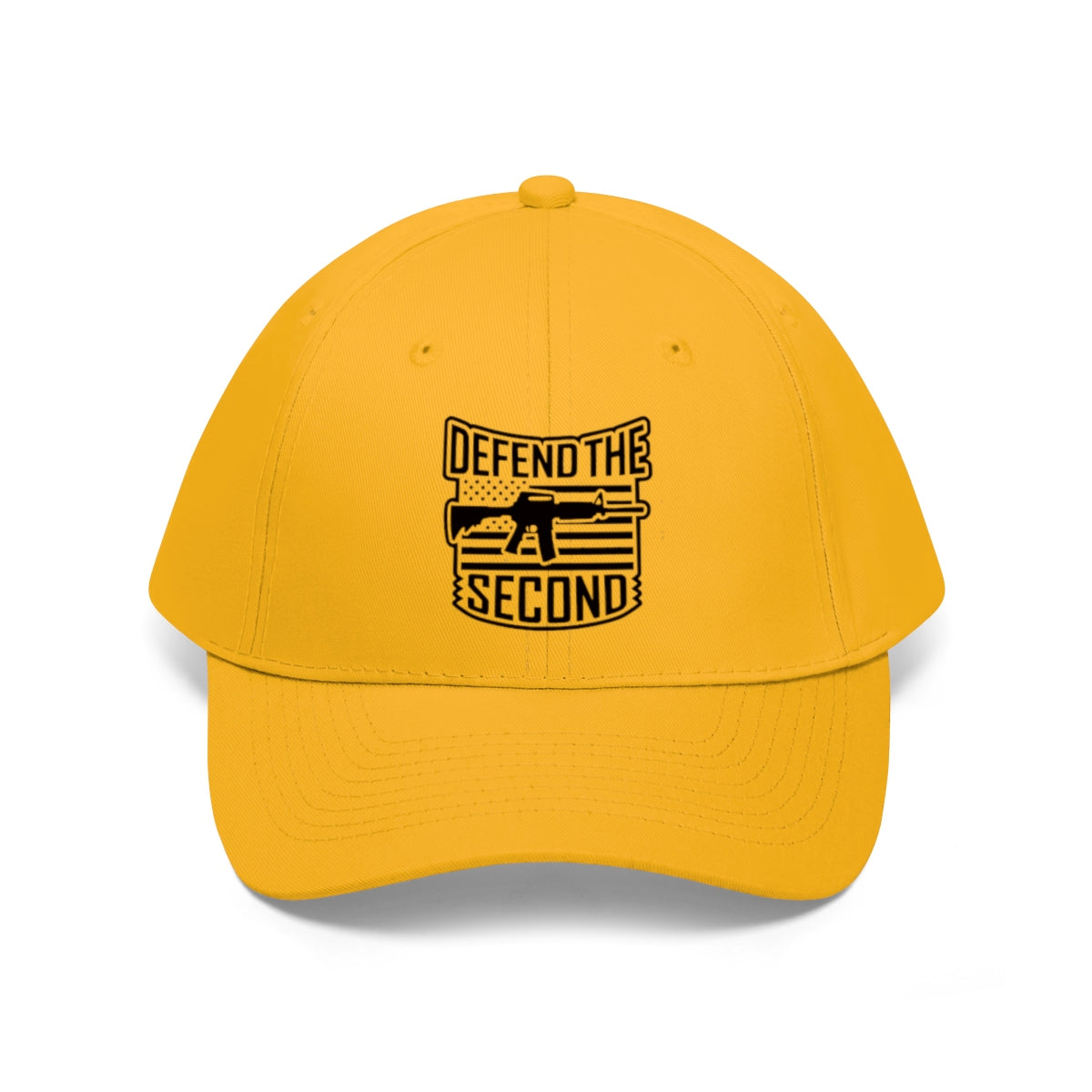 Defend the Second Patriotic Twill Cap in bright yellow with a bold design celebrating Second Amendment rights.
