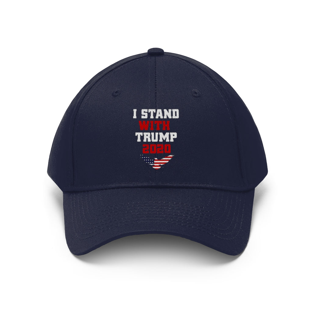 I Stand With Trump 2020 Twill Cap displayed on a navy cap showcasing a political campaign message.