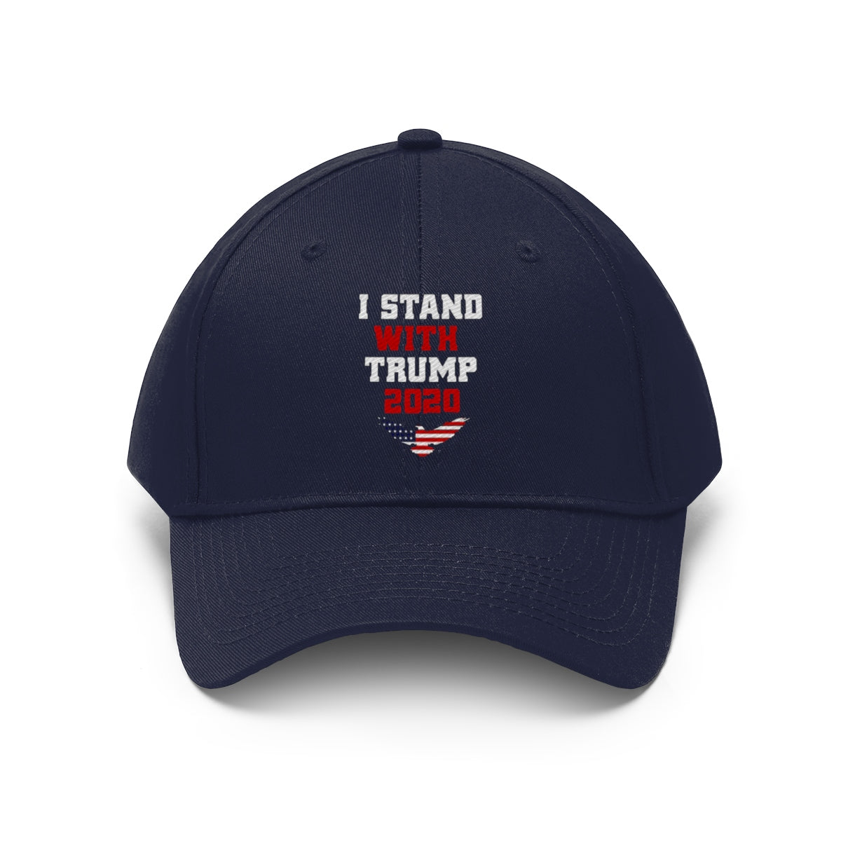 I Stand With Trump 2020 Twill Cap displayed on a navy cap showcasing a political campaign message.