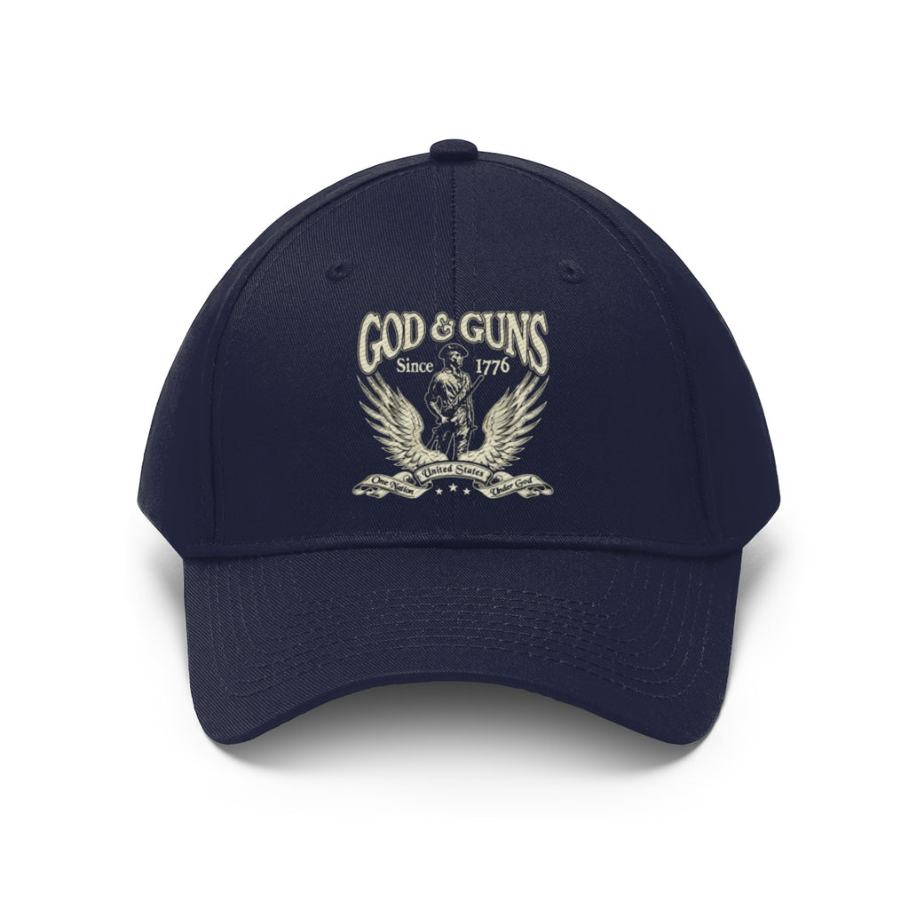 God And Guns Since 1776 Twill Cap navy blue cap featuring a bold design symbolizing American values and heritage.