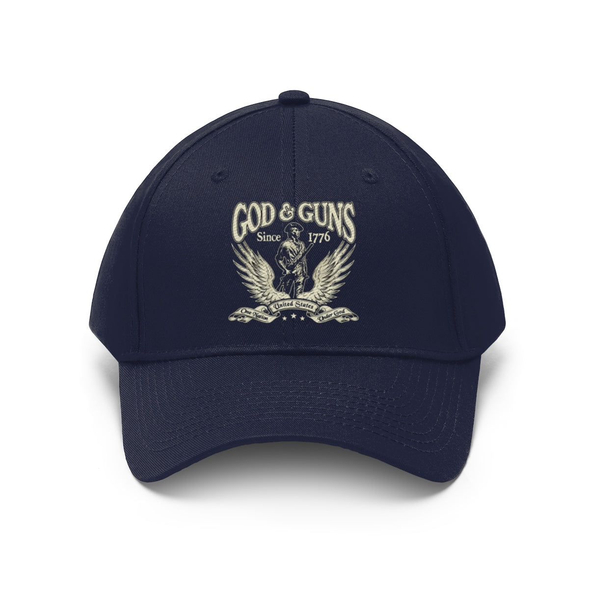 God And Guns Since 1776 Twill Cap navy blue cap featuring a bold design symbolizing American values and heritage.