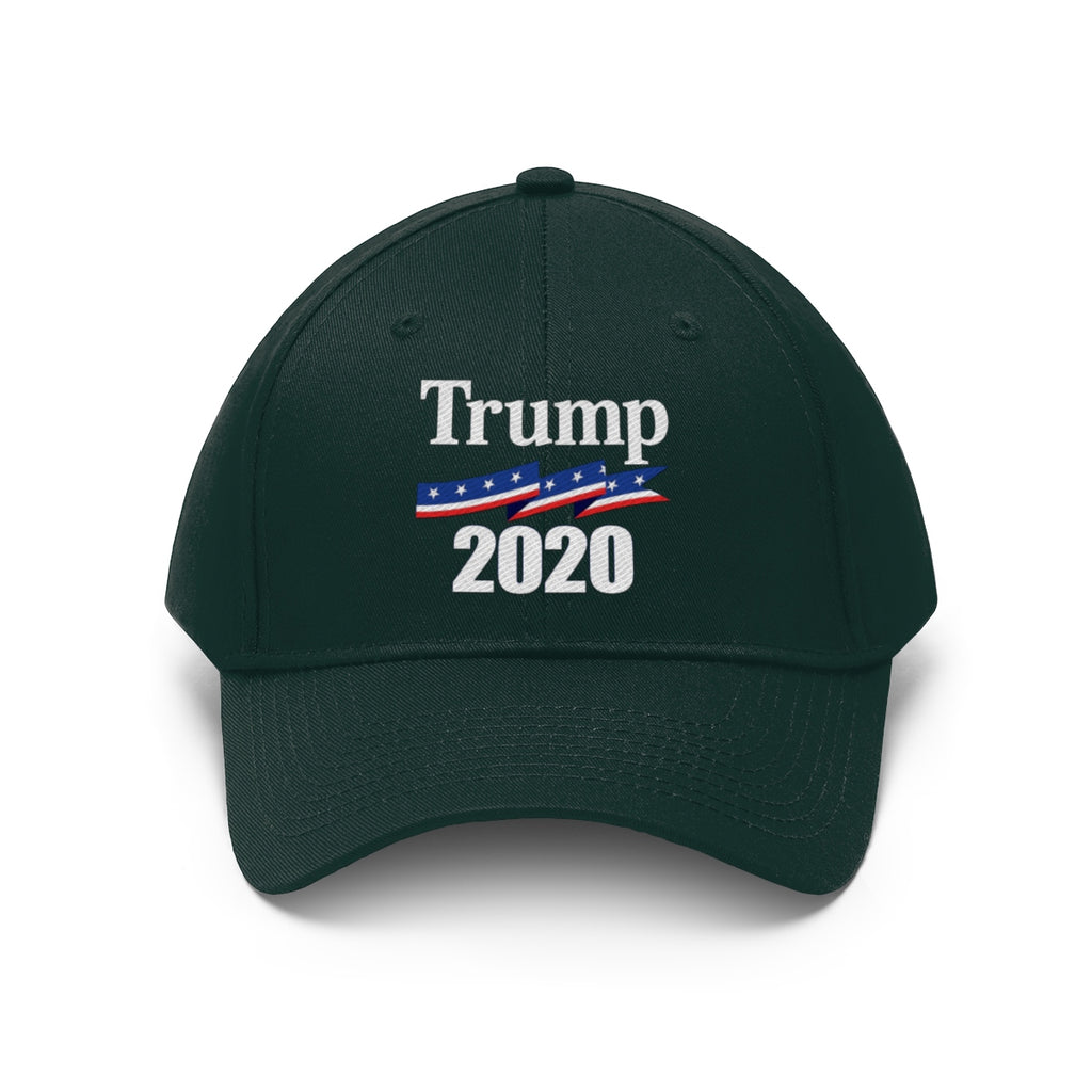 Patriotic 2020 Twill Cap for Trump featuring bold lettering and patriotic colors.