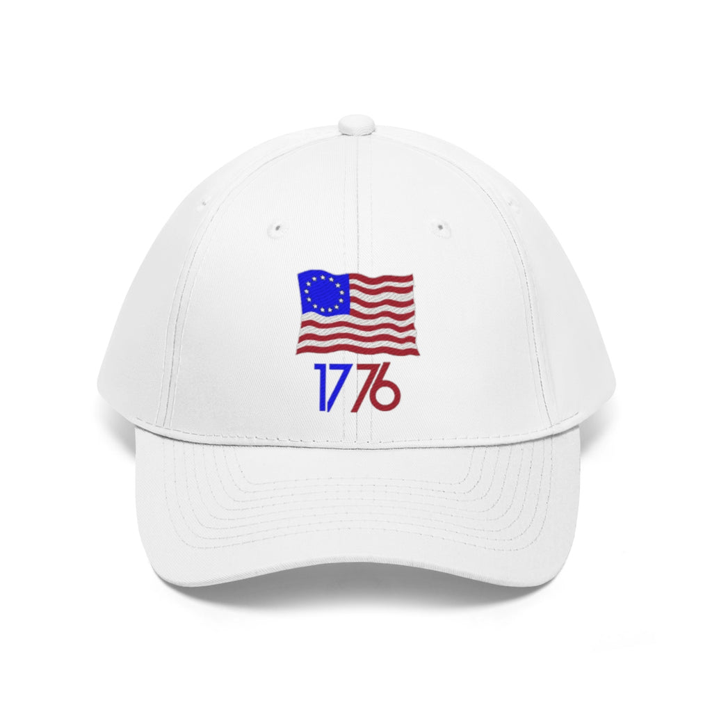 Betsy Ross Flag 1776 Twill Cap with classic patriotic 1776 design in red, white, and blue on a white cap.