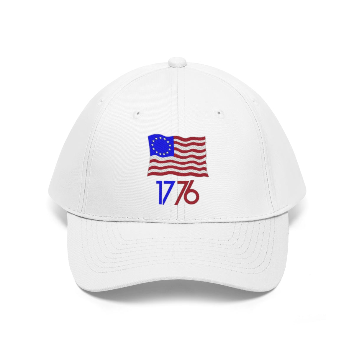 Betsy Ross Flag 1776 Twill Cap with classic patriotic 1776 design in red, white, and blue on a white cap.