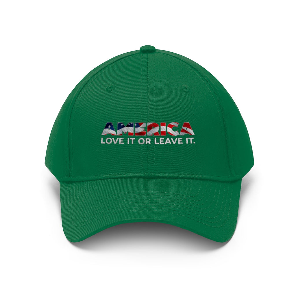 America Love It Or Leave It Twill Baseball Cap in green with patriotic design.
