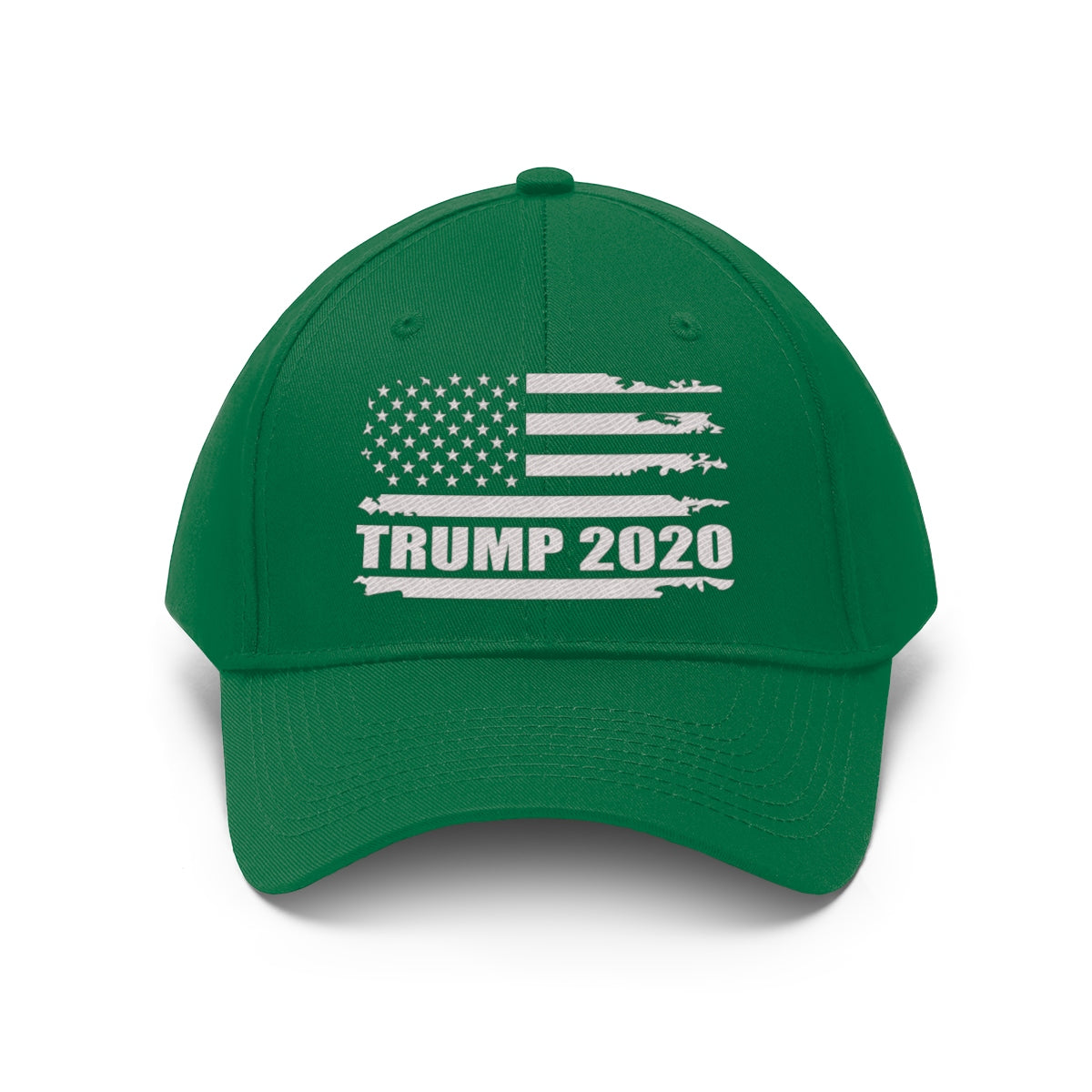 Trump 2020 Distressed American Flag Wht Ltrs Twill Cap on a green baseball cap.