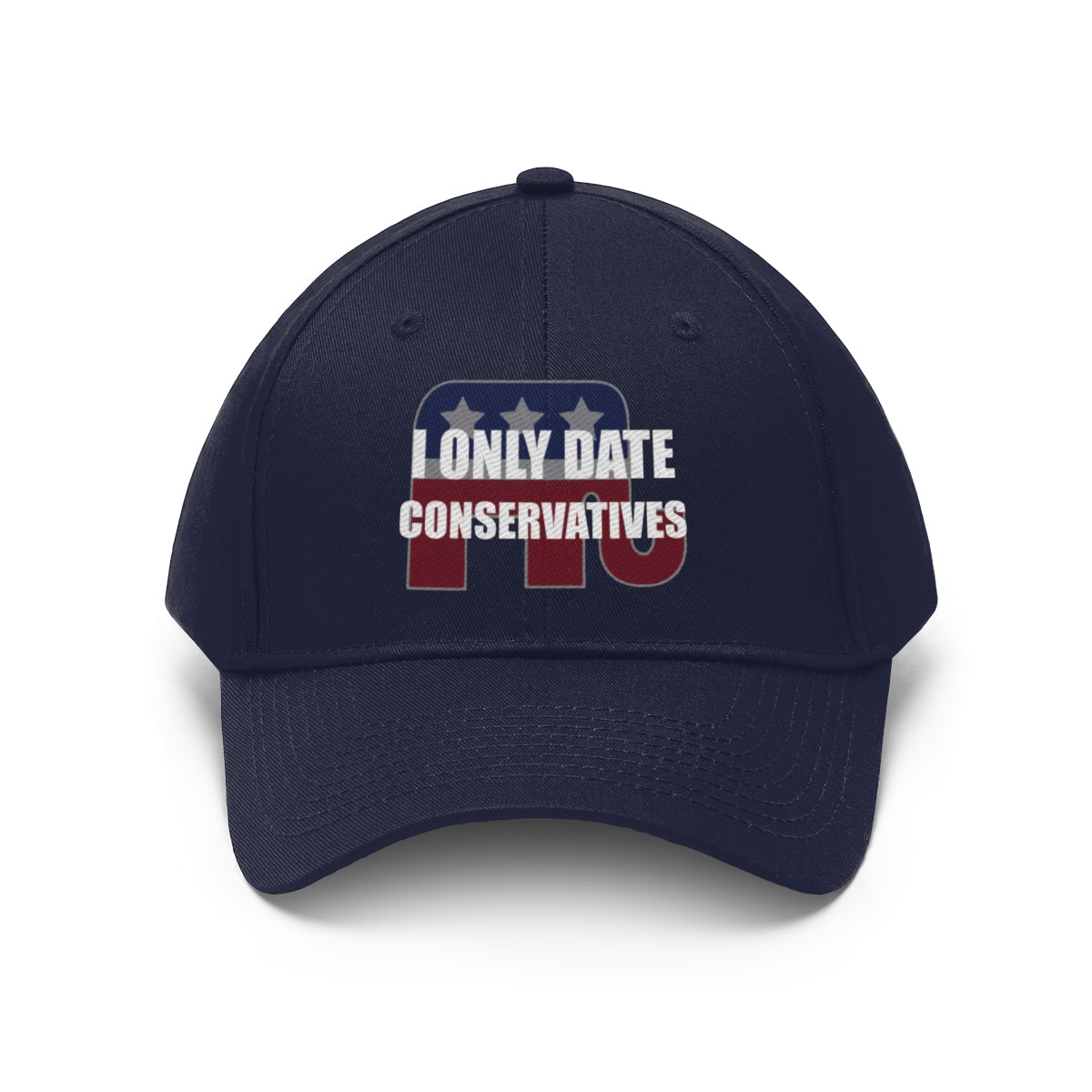 I Only Date Conservatives Twill Cap in navy blue with bold text and star accents for a stylish, political statement.