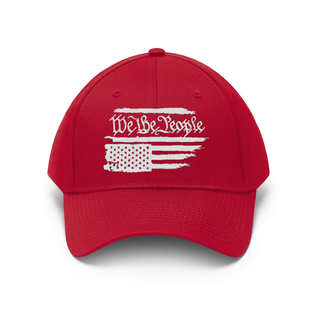 We The People On Distressed American Flag Twill Cap with a red base and white distressed American flag design.