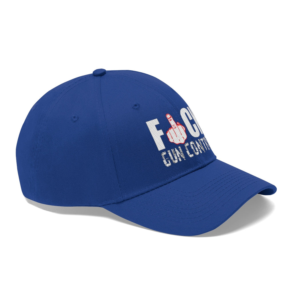 Fuck Gun Control Red Finger Twill Baseball Cap in blue with bold graphic design.