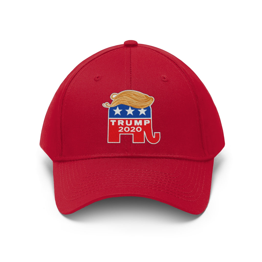 Hair 2020 Twill Baseball Cap Featuring Trump in red with an elephant logo and 'Trump 2020' text.