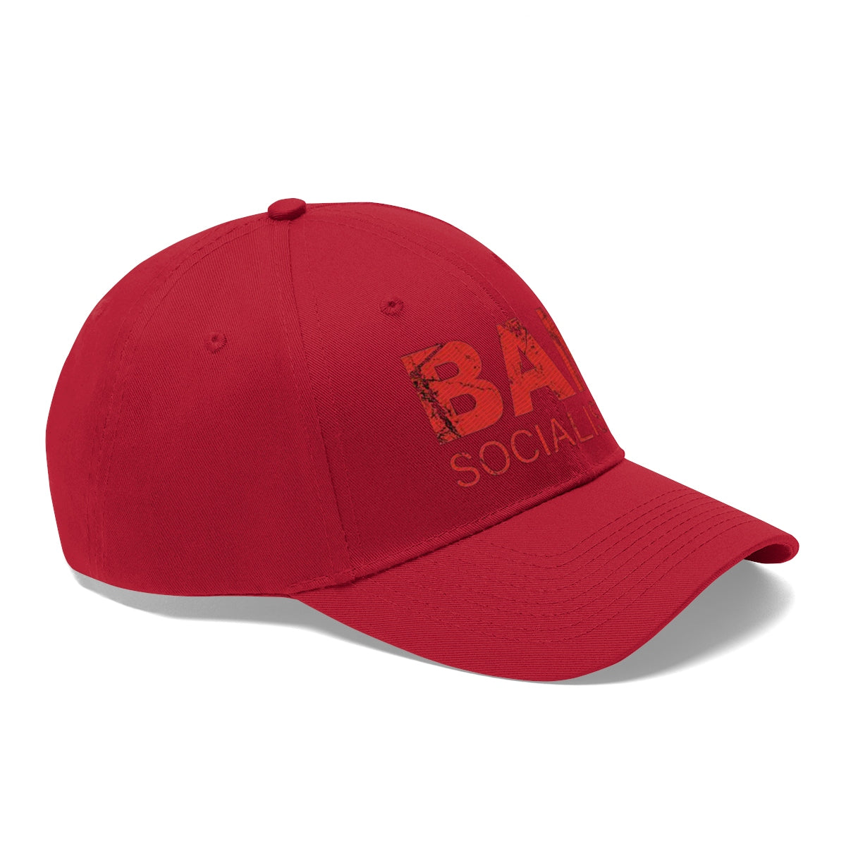 Ban Socialists Twill Cap Bold Message Graphic Cap in red color with a bold text design.