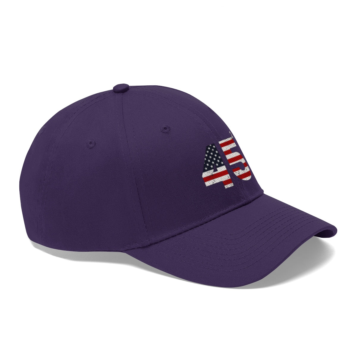 45 Squared Twill Cap Bold Numeric Statement Hat featuring patriotic design and vibrant purple color.
