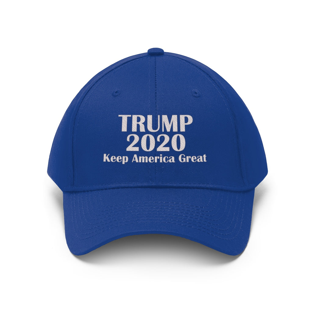 Trump 2020 Keep America Great Campaign Twill Cap in blue with white lettering.