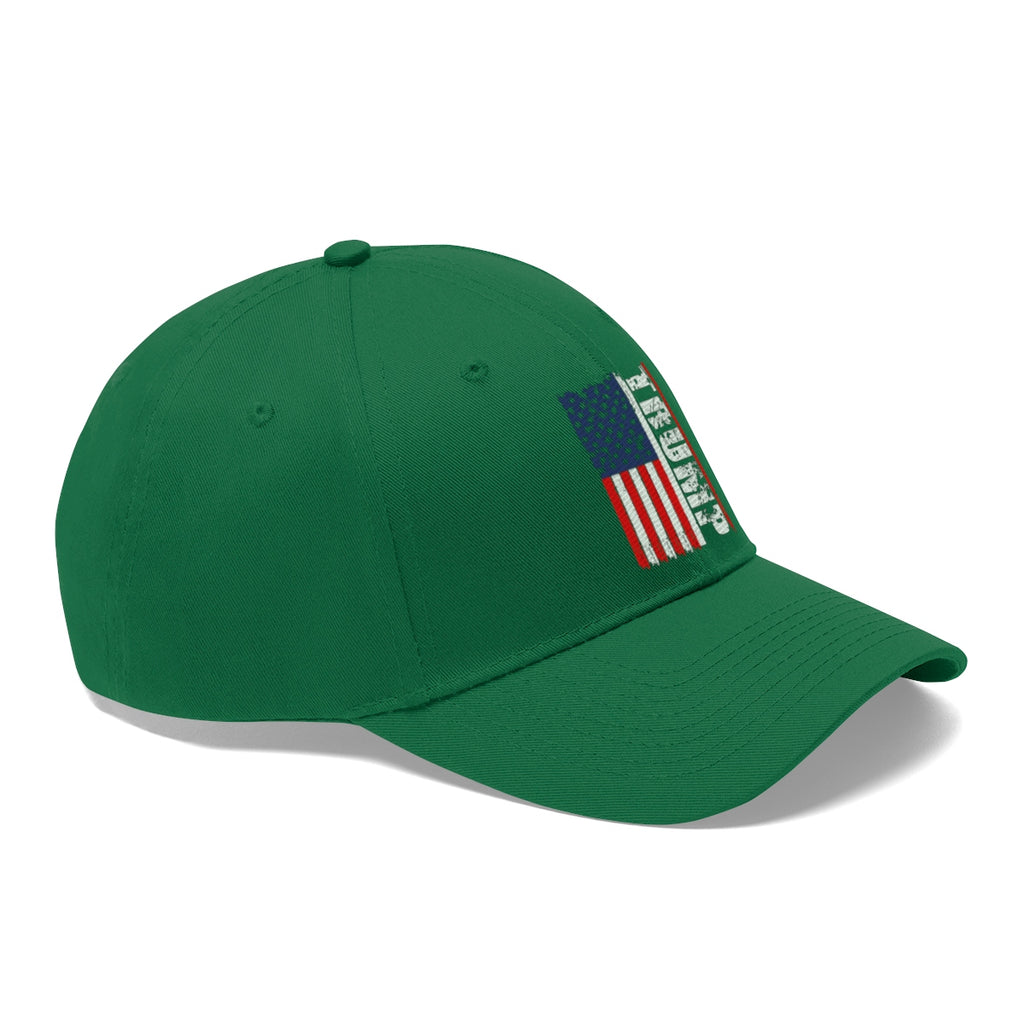 Trump On Verticle Distressed American Flag Twill Cap in green featuring a patriotic American flag design.