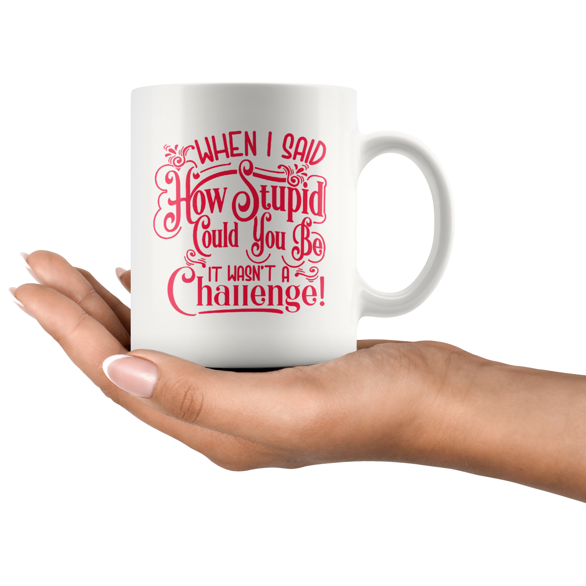 Mug with 'When I Said How Stupid Could You Be It Wasn't A Challenge!' humorous text design held in a hand.