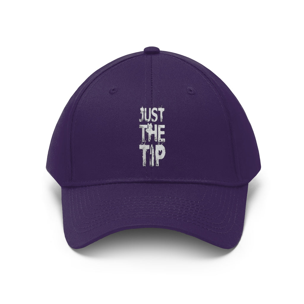 Just The Tip Funny Quote Twill Baseball Cap in purple with humorous text design on front.