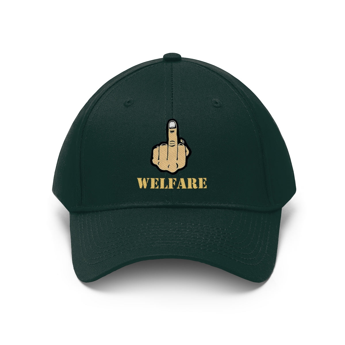 Vintage Fuck Welfare Cotton Twill Cap Design with bold middle finger graphic and 'WELFARE' text.