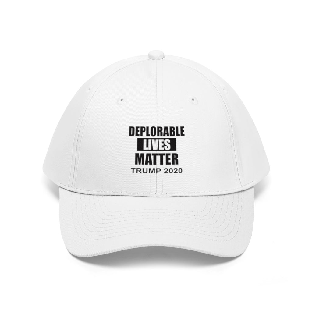 Deplorable Lives Matter Trump 2020 Twill Cap displayed on a white background showcasing its bold political message.