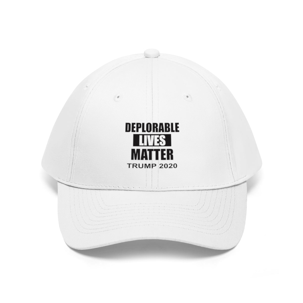 Deplorable Lives Matter Trump 2020 Twill Cap displayed on a white background showcasing its bold political message.