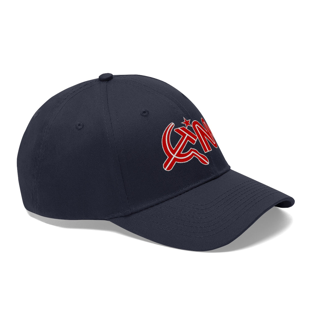 CNN Logo as Hammer and Sickle Twill Cap featuring a bold red logo on a navy dad hat.