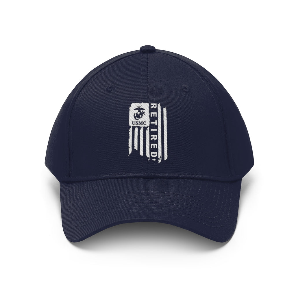 USMC Retired On Distressed American Flag Twill Cap featuring the Marine Corps logo and distressed American flag design.