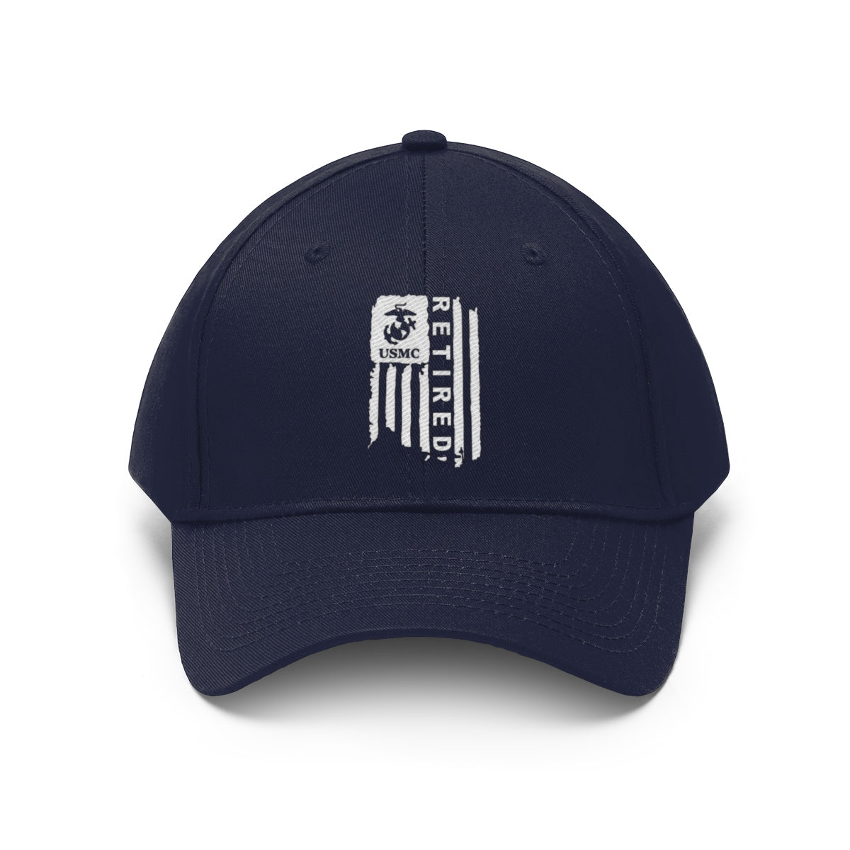 USMC Retired On Distressed American Flag Twill Cap featuring the Marine Corps logo and distressed American flag design.