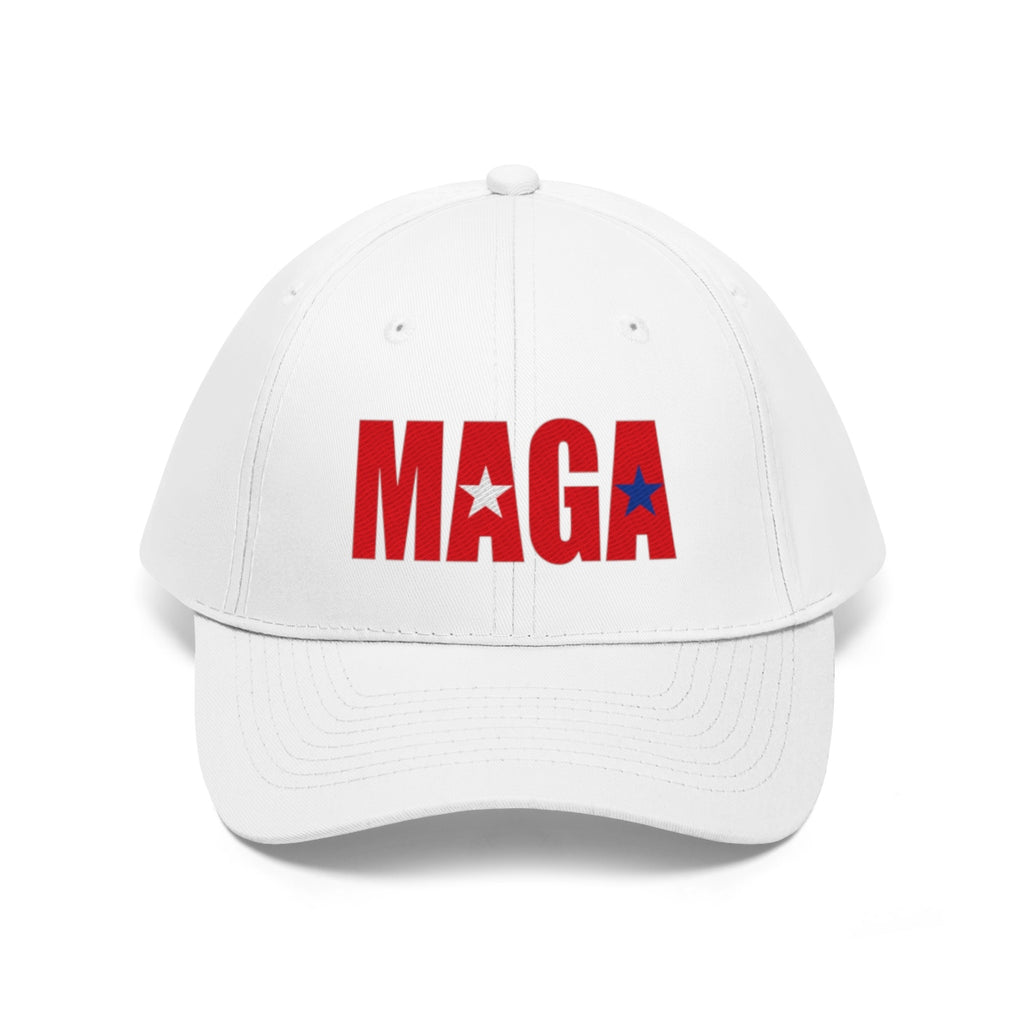 Embroidered MAGA Cotton Twill Cap Design in white featuring bold red letters and star accents.