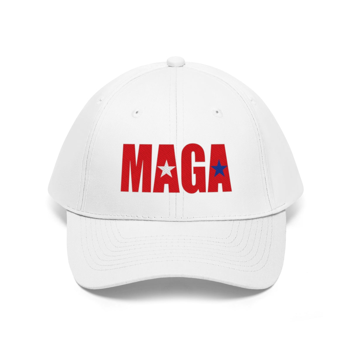 Embroidered MAGA Cotton Twill Cap Design in white featuring bold red letters and star accents.