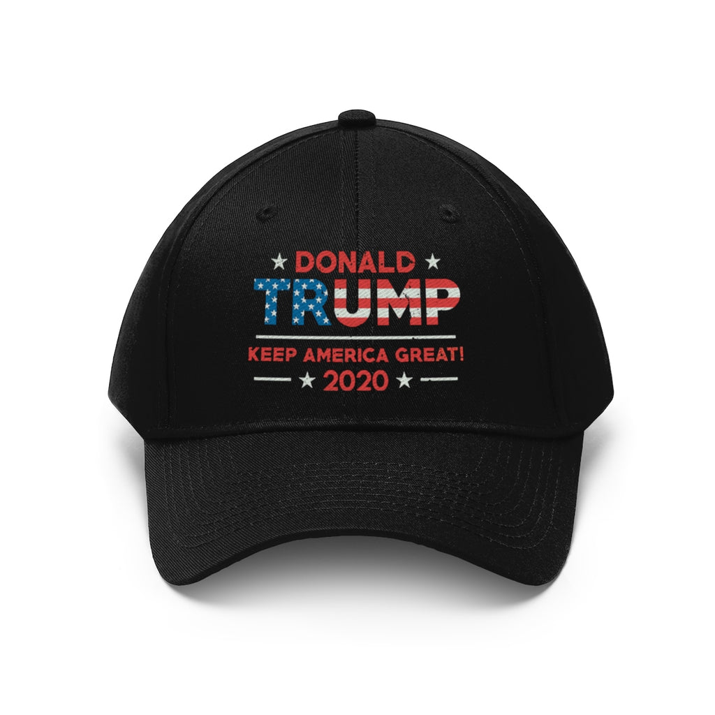 Donald Trump Keep America Great 2020 Twill Cap featuring red, white, and blue design, perfect for political collectors.