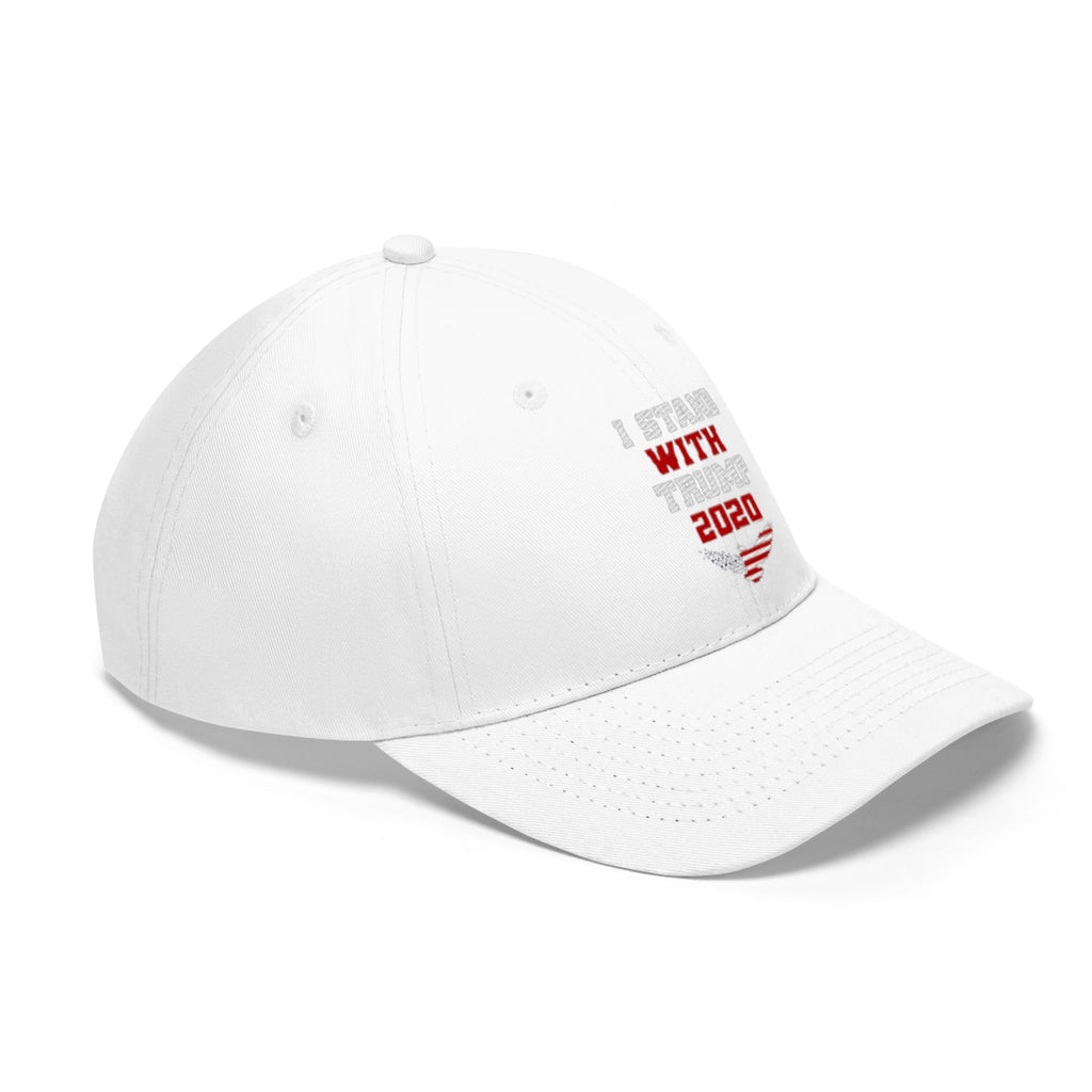 I Stand With Trump 2020 Twill Cap displayed on a white background, featuring bold campaign messaging.